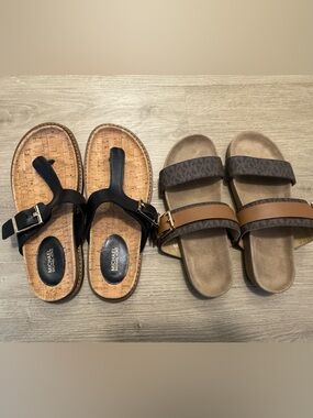 Michael Kors Black Cork Thong Sandals & Monogram Brown Slide Duo